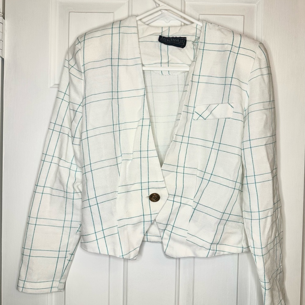 Just In Thymed LTD Vintage Blazer White Blue Striped Shoulder Pads Women Small